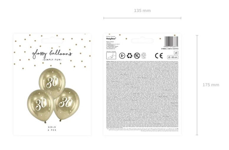 Balony Glossy 30cm "30" złoty 6szt CHB14-1-30-019-6 PartyDeco
